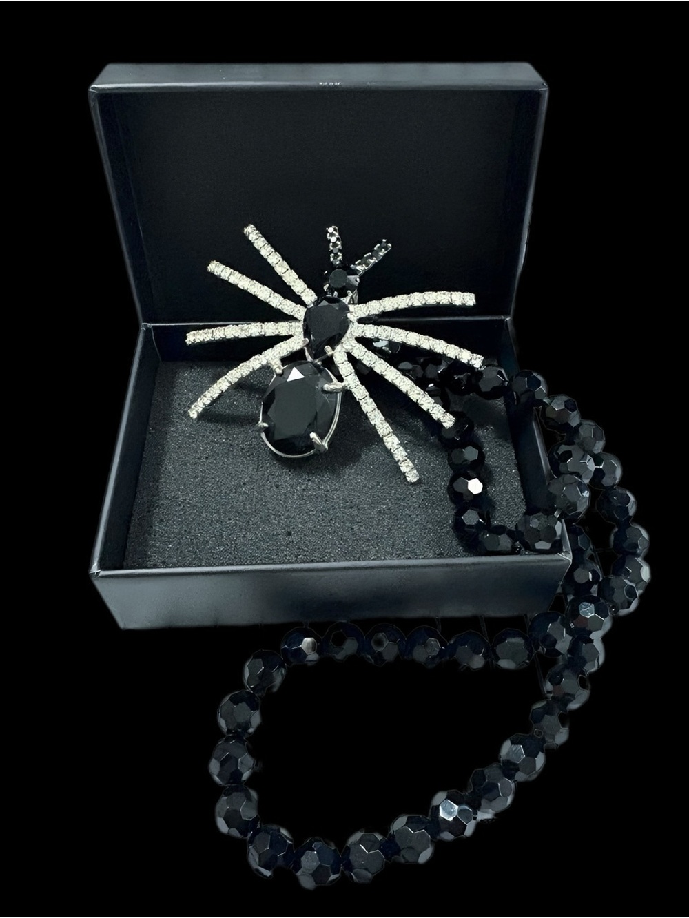 Silver Spider Pendant on Black Cut Glass Crystal Bead Necklace